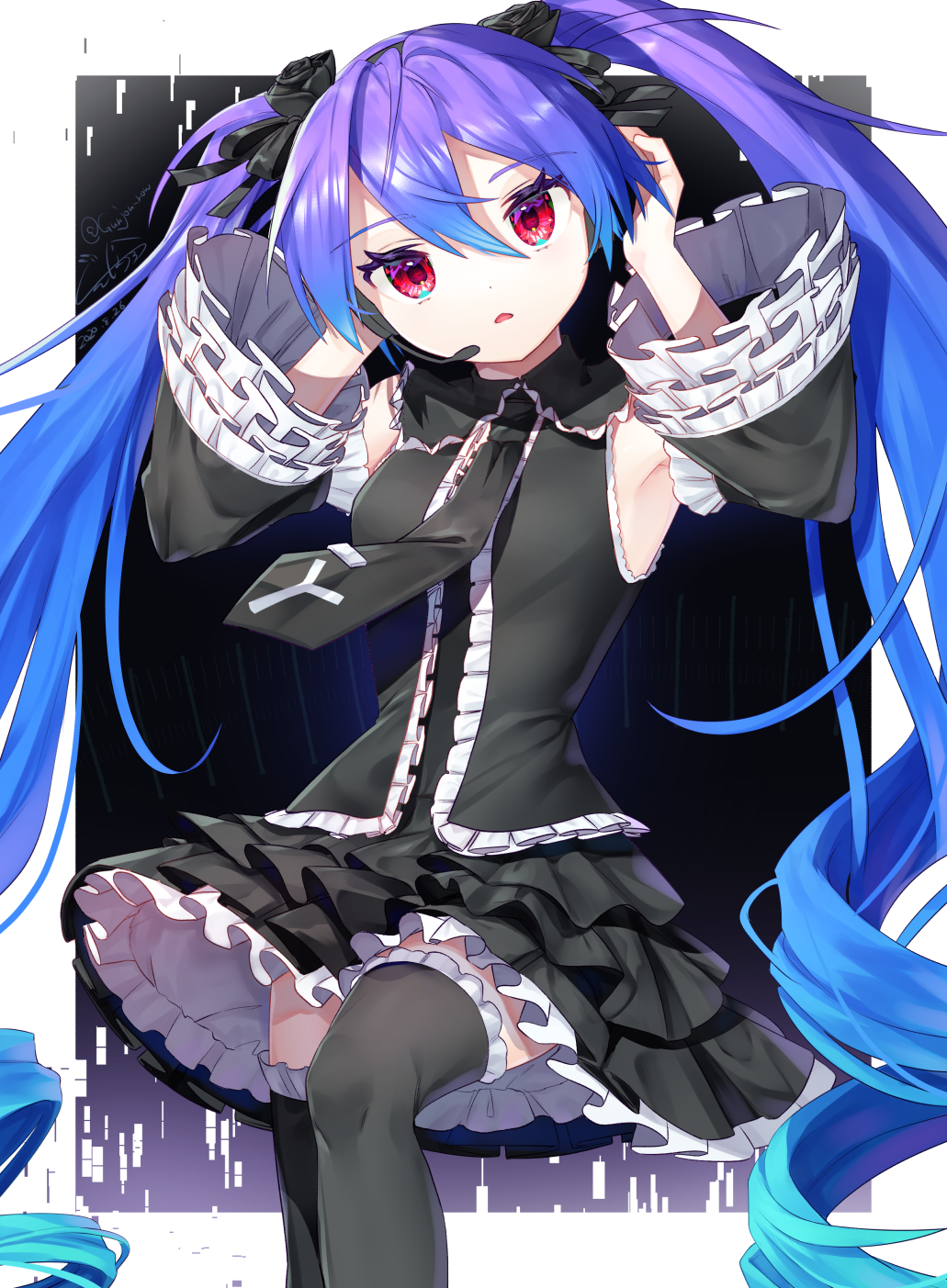 1girl, armpits, bare_shoulders, black_legwear, black_neckwear, black_shirt, black_skirt, black_sleeves
