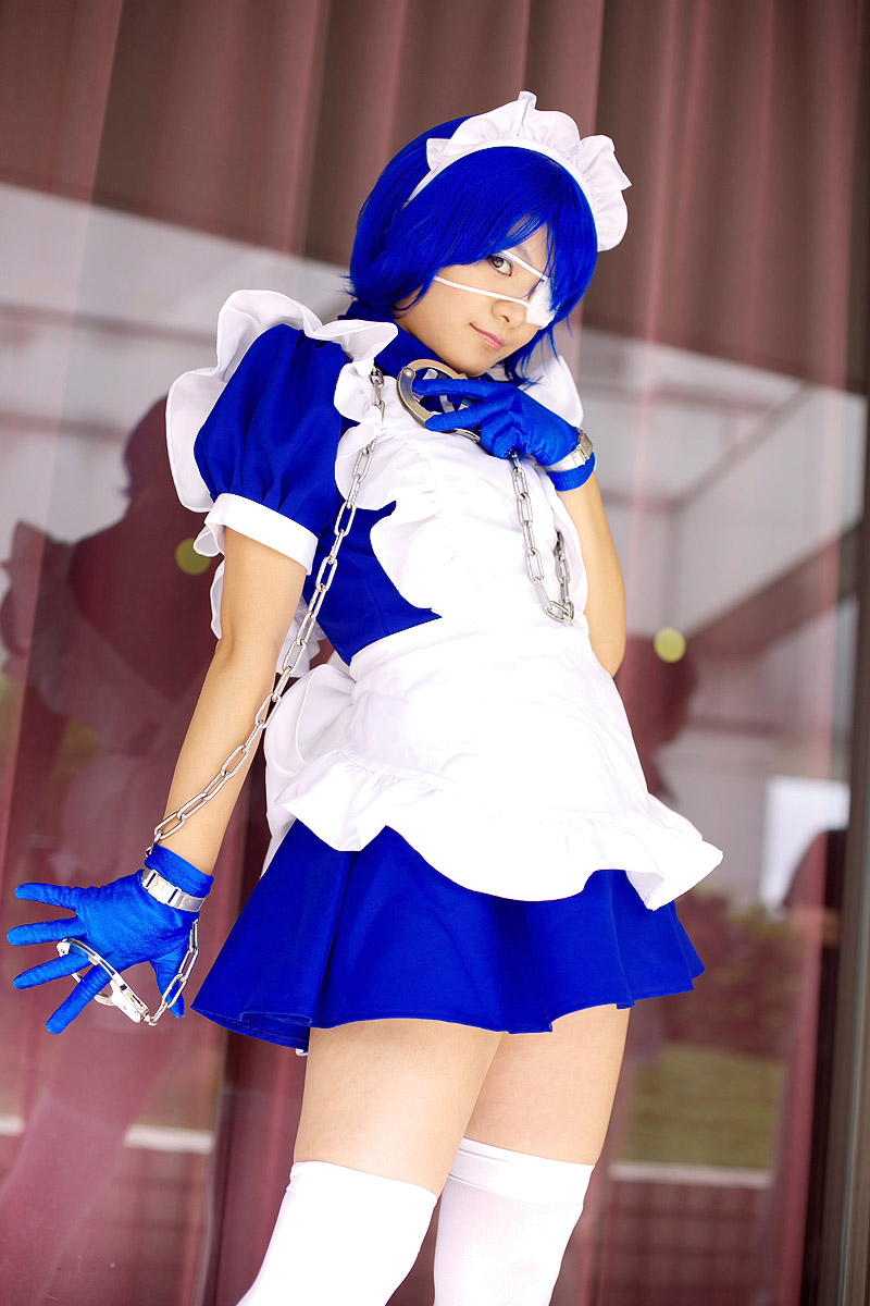 apron, cosplay, eyepatch, gloves, handcuffs, ikkitousen, maid, maid_uniform