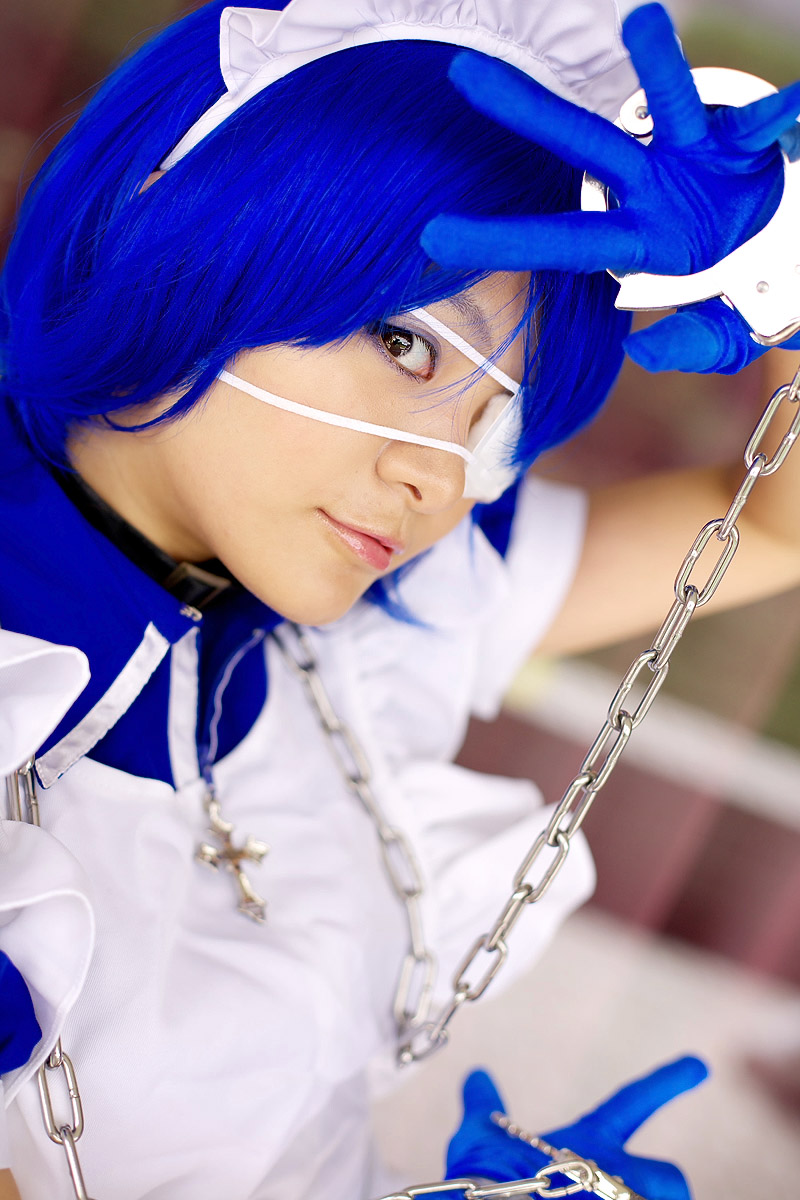 apron, cosplay, eyepatch, gloves, handcuffs, ikkitousen, maid, maid_uniform