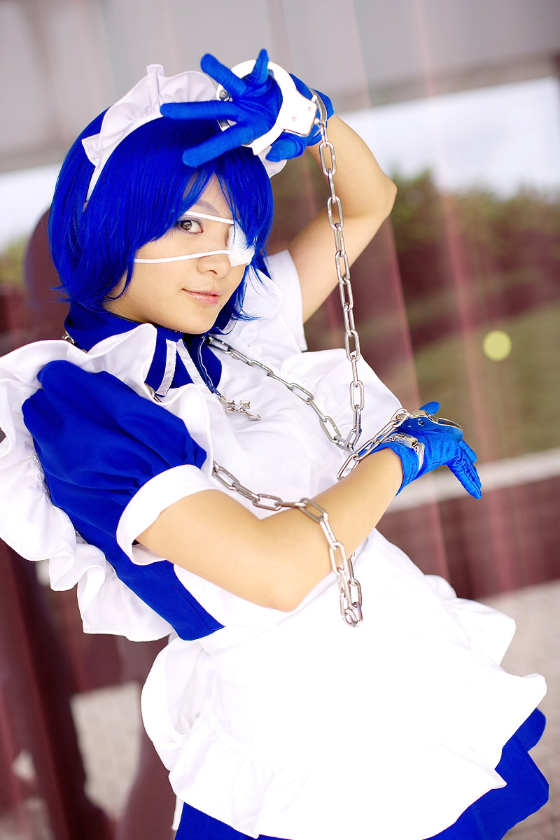 apron, cosplay, eyepatch, gloves, handcuffs, ikkitousen, maid, maid_uniform