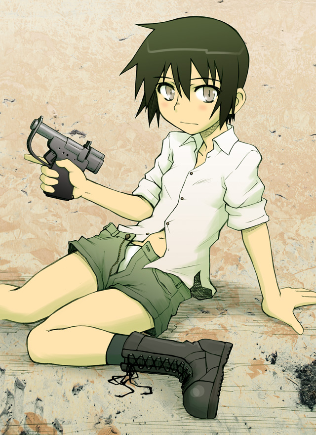 1girl, androgynous, blush, boots, cross-laced_footwear, fp-45_liberator, green_eyes, green_hair, gun, handgun, kino_(kino_no_tabi), kino_no_tabi, lace-up_boots, navel, open_fly, panties, partially_unbuttoned, pistol, shirt, short_hair, shorts, sitting, solo, tomboy, trigger_discipline, underwear, weapon, white_panties, white_shirt, yamane