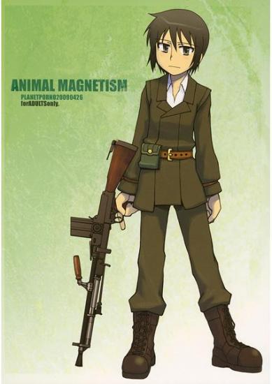 belt, belt_buckle, belt_pouch, black_footwear, black_jacket, boots, brown_belt, buckle, combat_boots, cover, cover_page, cross-laced_footwear, doujin_cover, doujinshi, frown, green_hair, grey_eyes, gun, jacket, kino_(kino_no_tabi), kino_no_tabi, lace-up_boots, lapel, leather, leather_belt, leather_boots, light_machine_gun, looking_at_viewer, machine_gun, pants, partially_unbuttoned, pouch, shirt, shirt_under_jacket, trigger_discipline, weapon, white_shirt, yamane, zb_26