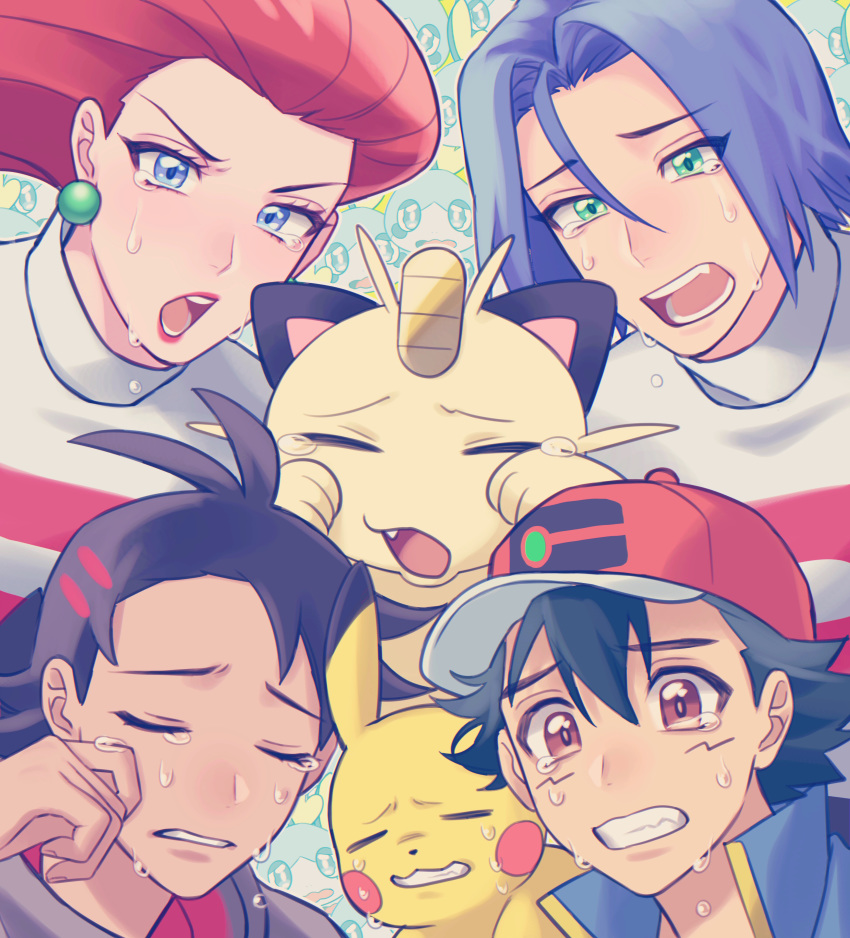 1girl, 3boys, absurdres, bangs, black_hair, blue_eyes, blue_hair, brown_eyes