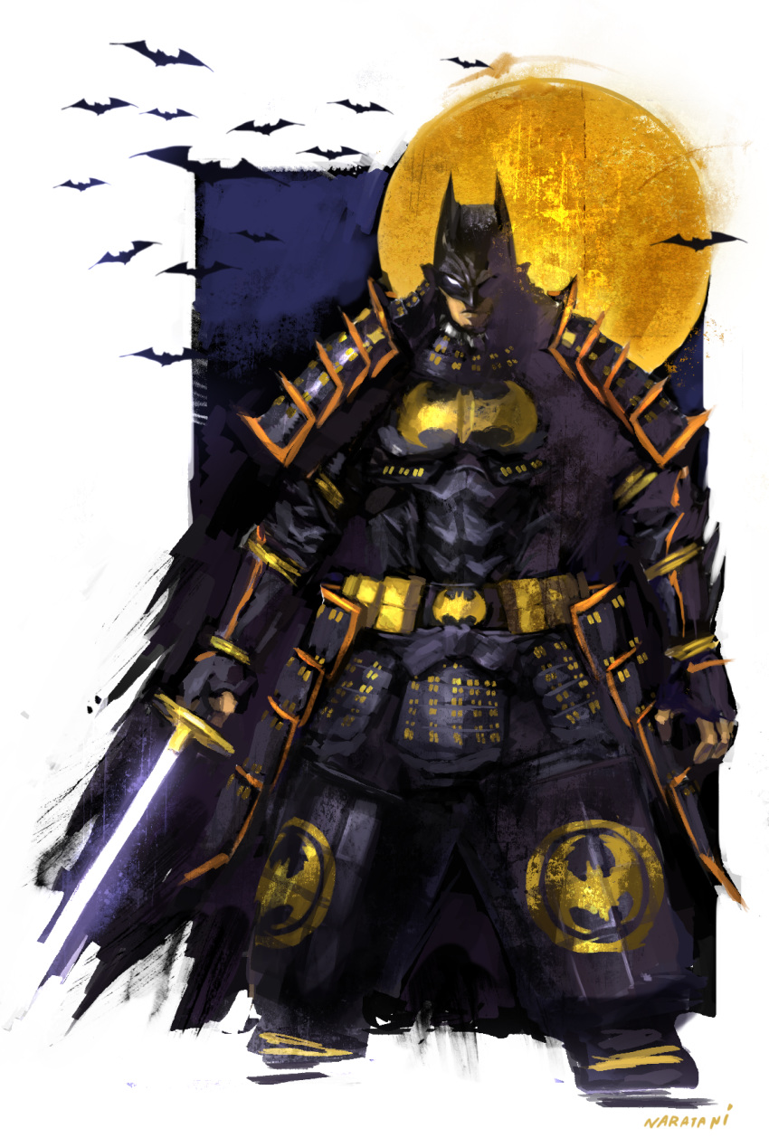 1boy, armor, bat, batman, batman_(series), batman_ninja, belt, dc_comics, fingerless_gloves, flying, gloves, highres, japanese_armor, japanese_clothes, katana, logo, looking_at_viewer, mask, moon, naratani, pouch, realistic, signature, superhero, sword, weapon