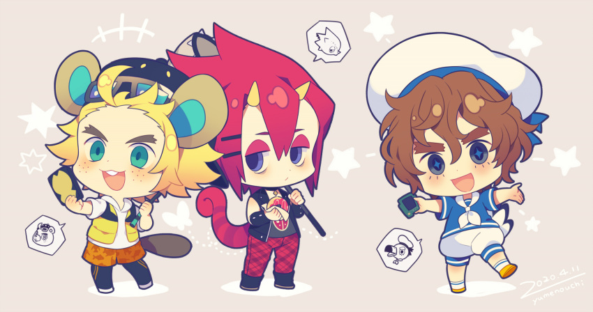 +++, +_+, 3boys, :d, ahoge, animal_ears, aqua_eyes, beaver_ears