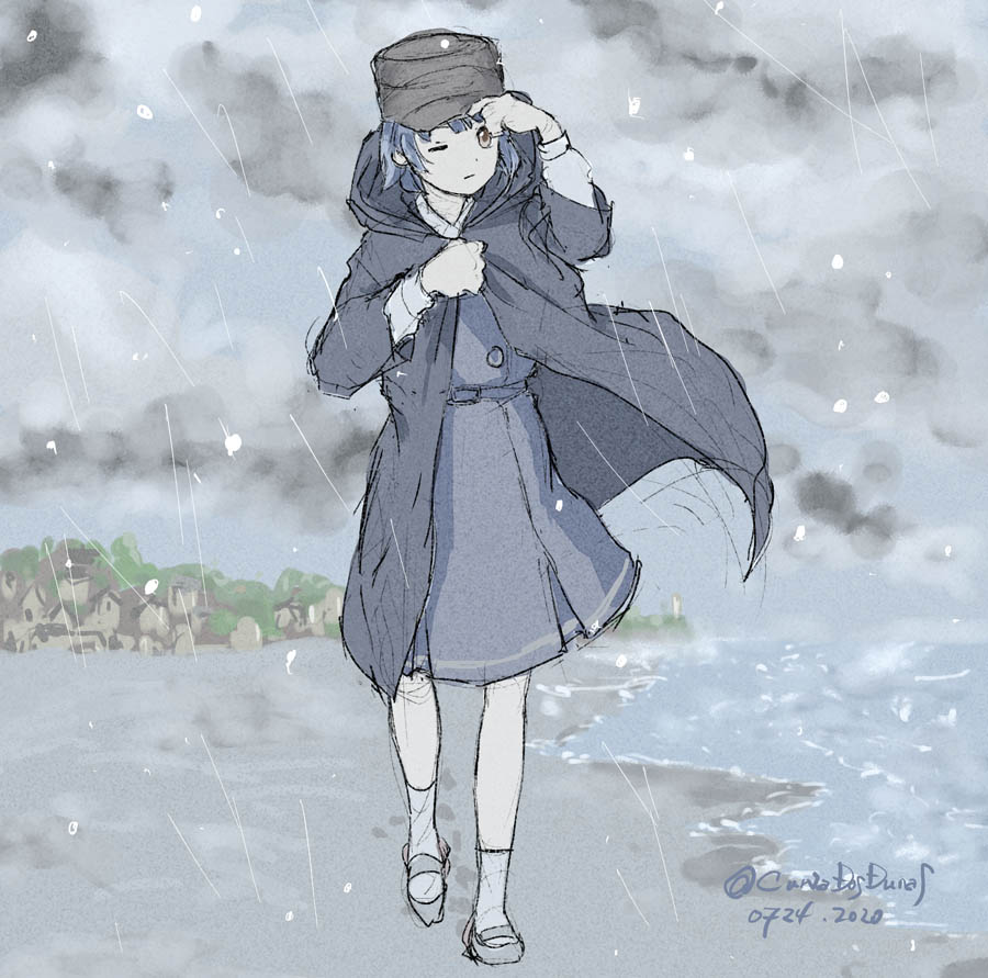 1girl, arare_(kantai_collection), beach, black_coat, black_dress, black_hair, brown_eyes, closed_mouth