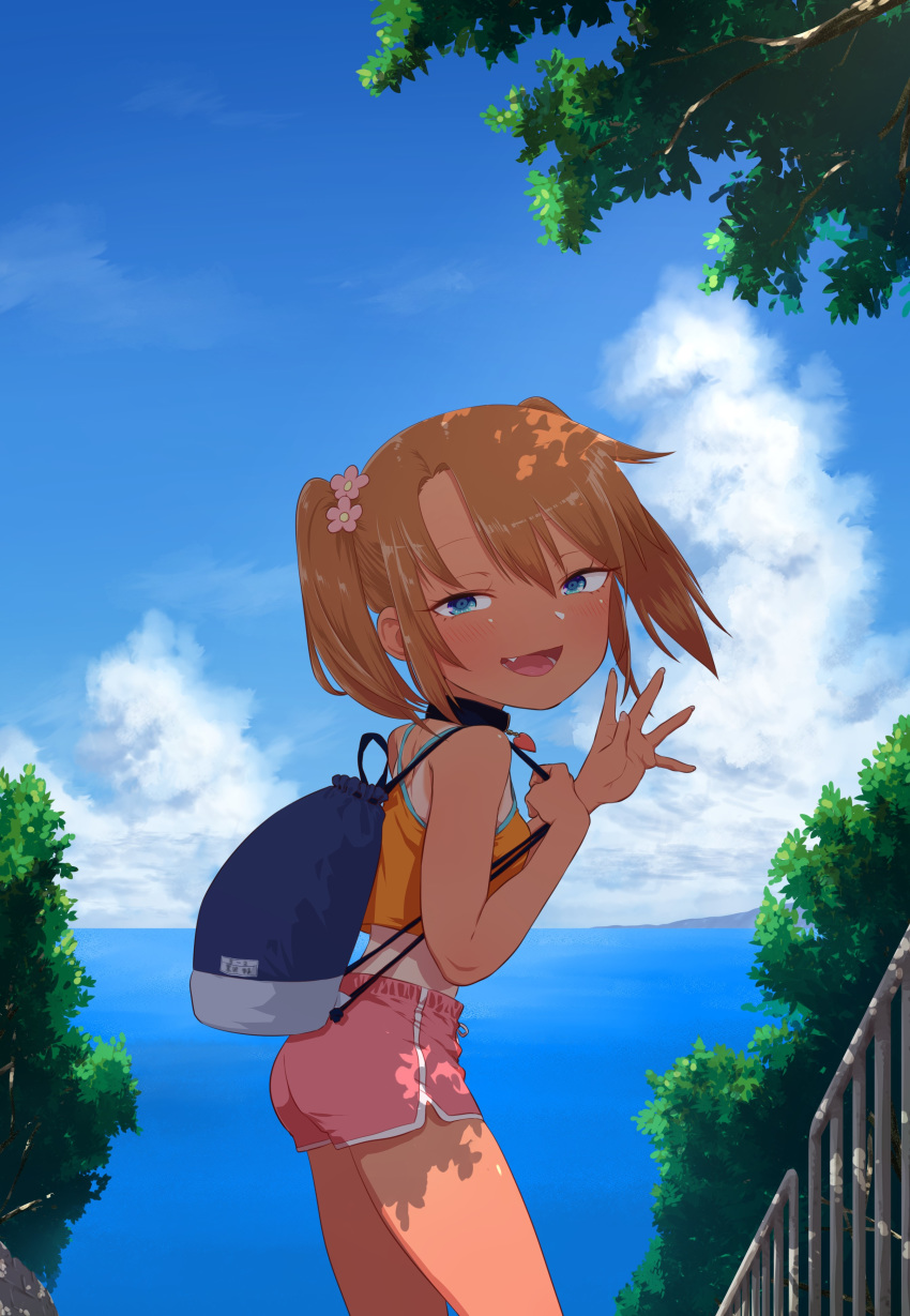1girl, absurdres, backpack, bag, blue_eyes, blush, brown_hair, camisole
