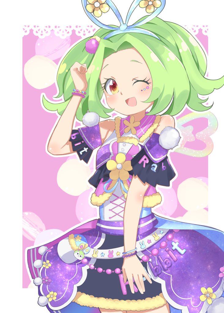 1girl, :d, ;d, bare_shoulders, border, bow, clenched_hand, commentary