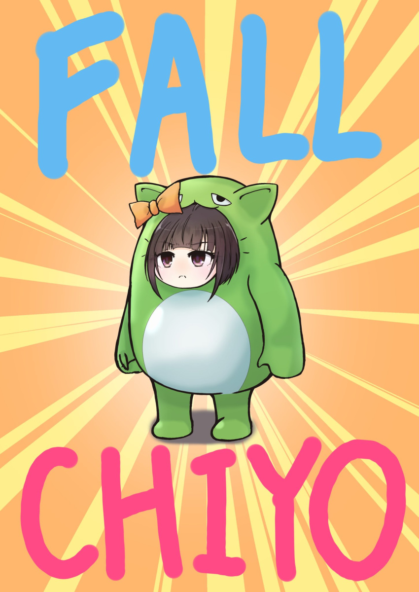 1girl, :3, animal_ears, arms_at_sides, asikaga_yosimitu, bangs, black_eyes, blunt_bangs, bow, brown_eyes, brown_hair, cat_ears, character_name, closed_mouth, commentary_request, copyright_name, cosplay, disconnected_mouth, emphasis_lines, eyebrows_visible_through_hair, fall_guy, fall_guy_(cosplay), fall_guys, frown, full_body, half-closed_eyes, highres, idolmaster, idolmaster_cinderella_girls, orange_background, orange_bow, pina_korata, shirayuki_chiyo, sidelocks, standing, v-shaped_eyebrows, whiskers