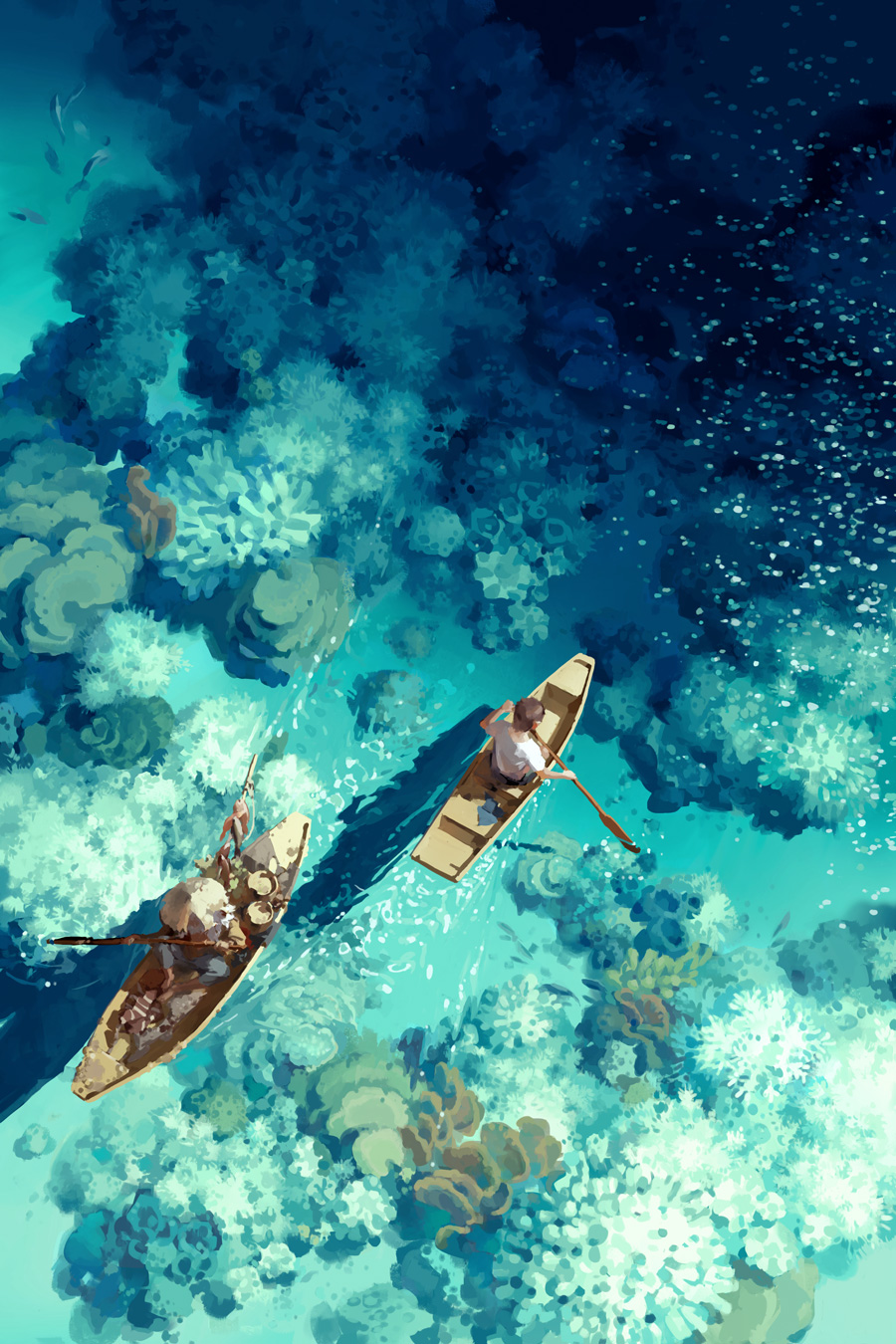 2boys, boat, brown_hair, coral_reef, day, fish, fishing_rod, from_above