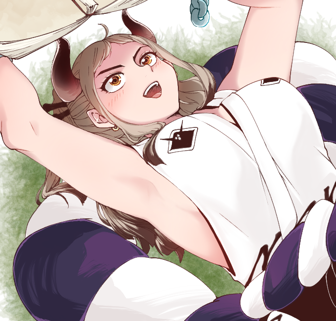 1girl, armpits, arms_up, bare_arms, book, breasts, brown_eyes, brown_hair, chain, commentary_request, earrings, grass, hisame_(83164991), horns, japanese_clothes, jewelry, large_breasts, light_brown_hair, long_hair, looking_up, lying, multicolored_hair, on_back, on_grass, on_ground, one_piece, oni, open_mouth, reading, rope, shimenawa, sideboob, sidelocks, smile, solo, two-tone_hair, upper_body, upper_teeth, yamato_(one_piece)