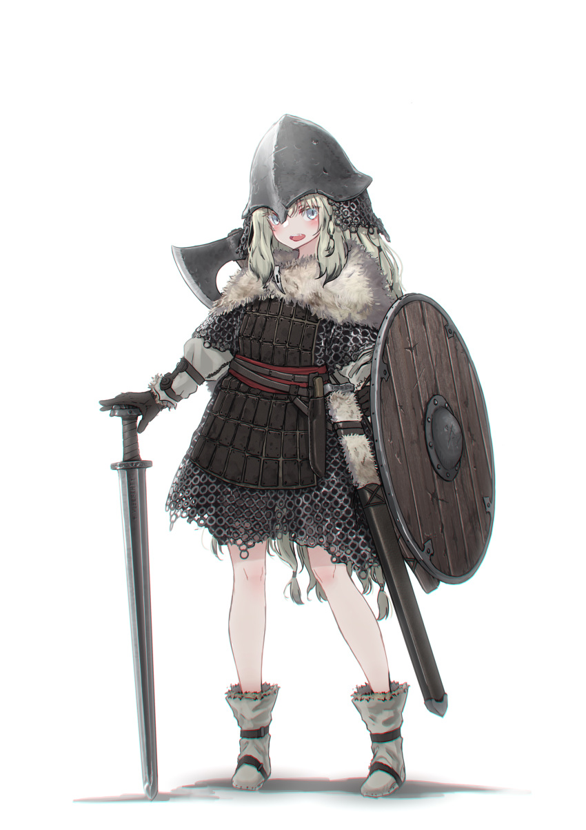 1girl, :d, absurdres, axe, battle_axe, boots, capelet, chainmail