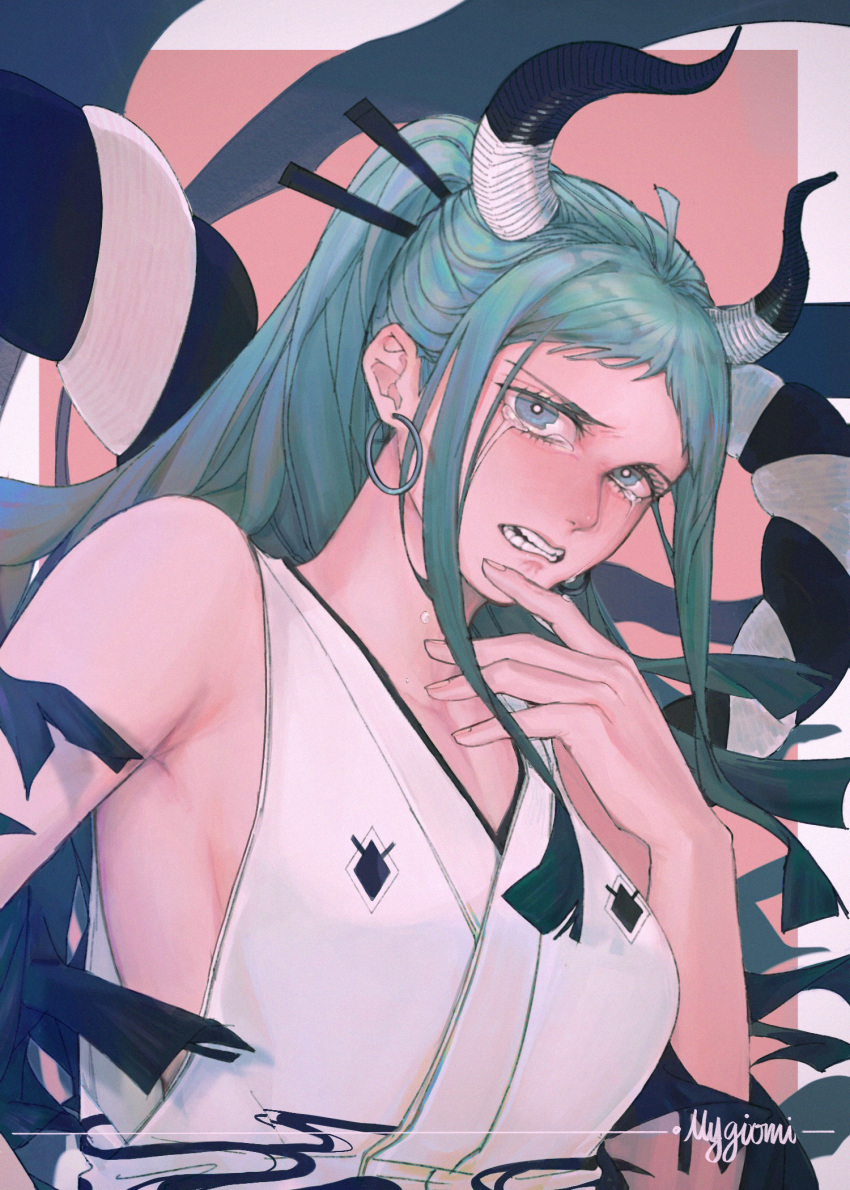 1girl, artist_name, bandages, bare_arms, bare_shoulders, blue_eyes, bright_pupils, clenched_teeth