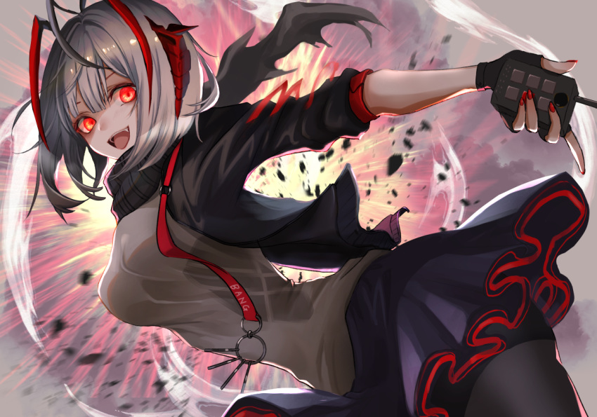 1girl, :d, ahoge, antennae, arknights, asagizuisen, bangs, black_gloves