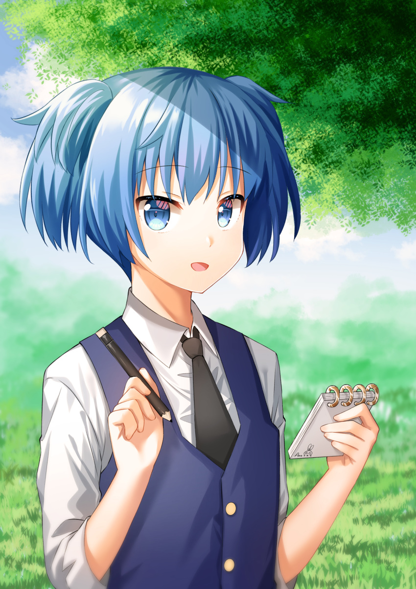 1boy, :d, absurdres, ansatsu_kyoushitsu, aro_1801, bangs, black_neckwear, blue_eyes