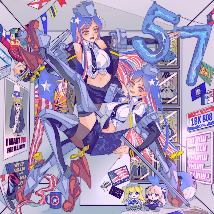 2girls, american_flag, anno88888, atlanta_(kantai_collection), balloon, bangs, black_neckwear, black_skirt
