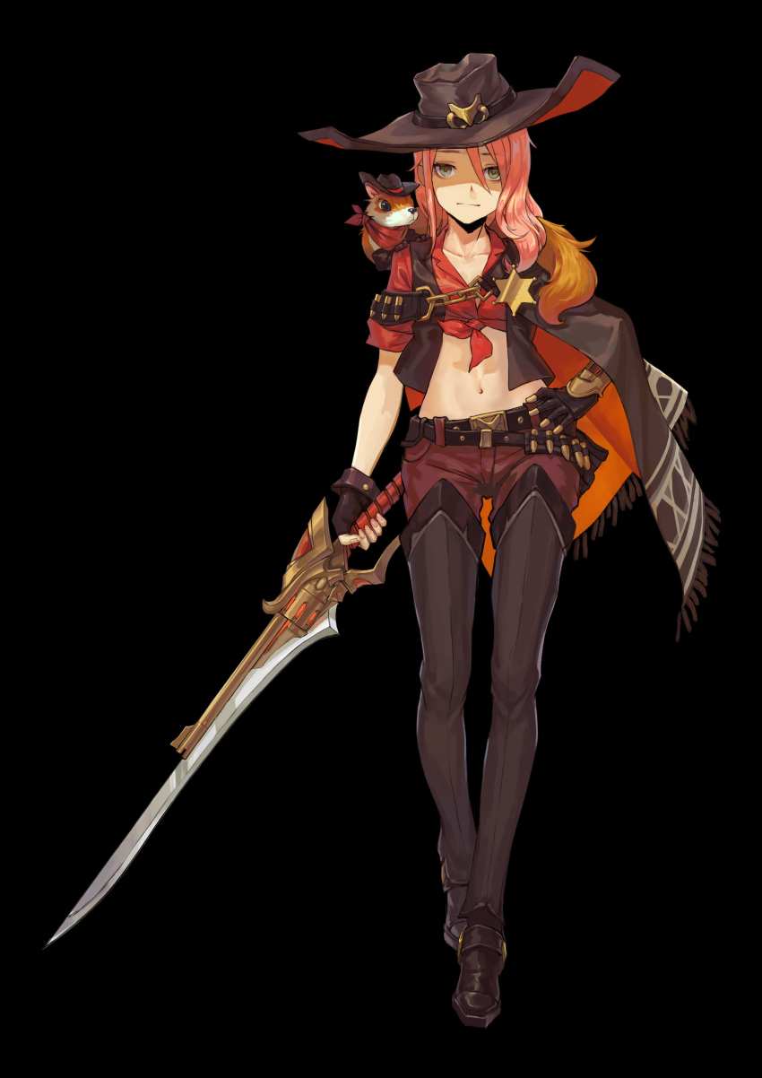 1girl, absurdres, animal, animal_on_shoulder, badge, black_background, black_gloves, boots, bullet, chain, closed_mouth, collarbone, cowboy, cowboy_hat, fingerless_gloves, fingernails, gloves, green_eyes, gun, gunblade, hair_between_eyes, hand_on_hip, hat, highres, holding, holding_gun, holding_sword, holding_weapon, hong_yu, medium_hair, navel, original, pink_hair, poncho, shaded_face, sheriff_badge, simple_background, sleeves_rolled_up, solo, sword, thigh-highs, thigh_boots, walking, weapon, western