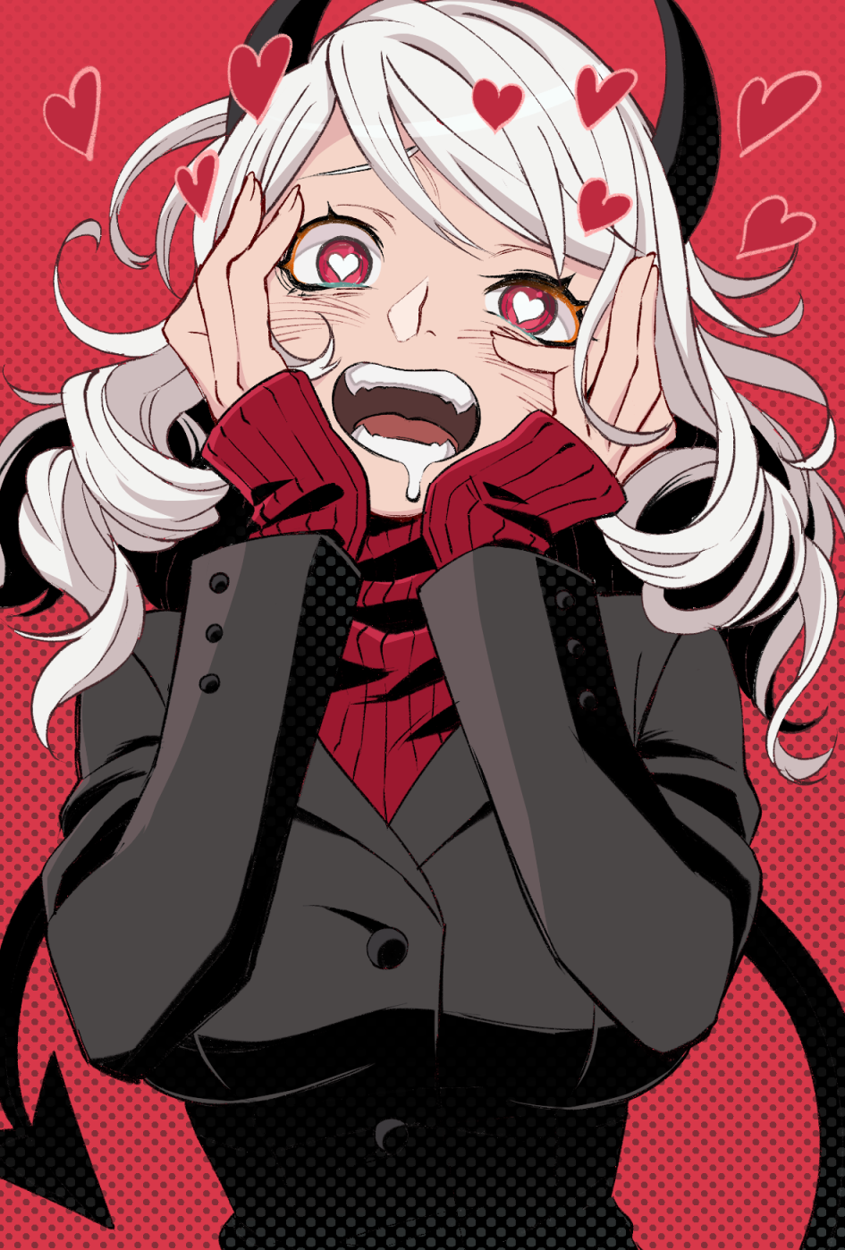 1girl, bangs, black_horns, blush, breasts, demon_girl, demon_horns, demon_tail, formal, heart, heart-shaped_pupils, helltaker, highres, horns, kura1582, long_hair, long_sleeves, modeus_(helltaker), open_mouth, polka_dot, polka_dot_background, red_background, red_eyes, red_sweater, ribbed_sweater, saliva, solo, suit, sweater, symbol-shaped_pupils, tail, upper_body, white_hair