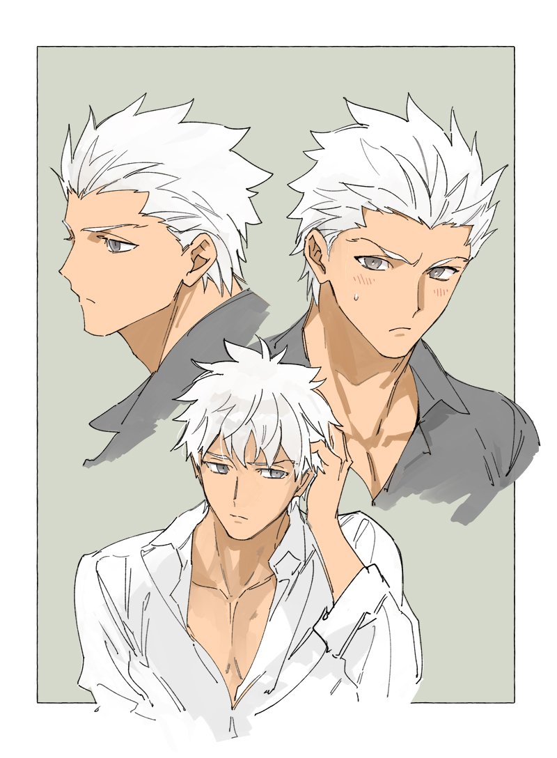 1boy, alternate_hairstyle, archer, bangs, blush, chest, collage, cropped_shoulders