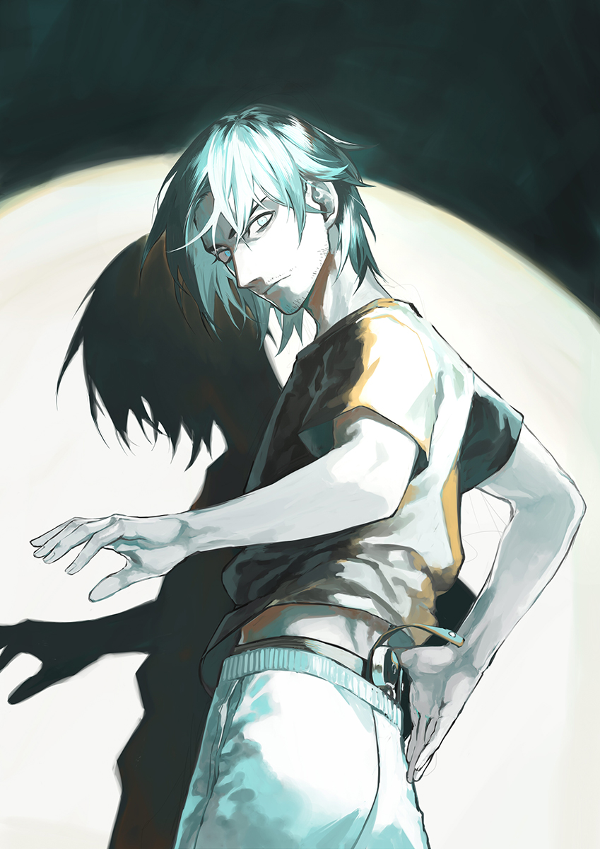 1boy, blue_eyes, blue_hair, cowboy_shot, facial_hair, fingernails, gun, highres