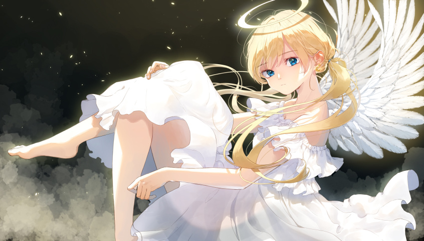 1girl, angel, angel_wings, bangs, bare_shoulders, barefoot, blonde_hair, blue_eyes