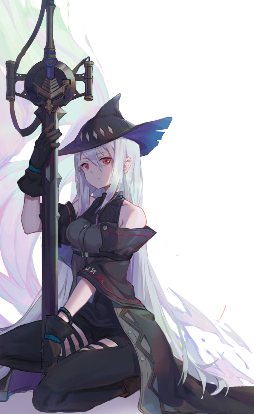 1girl, arknights, bare_shoulders, black_gloves, black_headwear, bracelet, breasts, closed_mouth