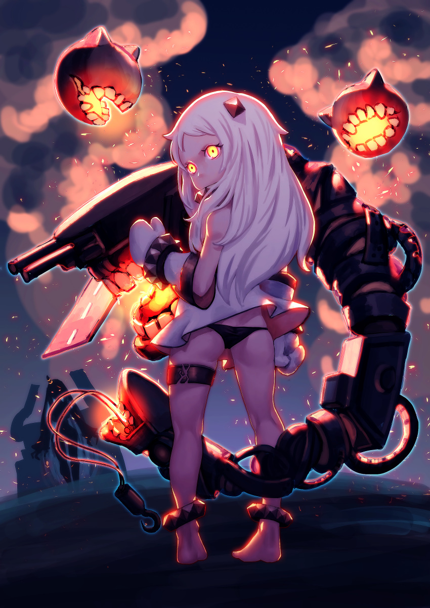 1girl, absurdres, ass, bare_shoulders, barefoot, black_panties, child, dress, dress_lift, embers, fire, from_behind, full_body, glowing, glowing_eyes, highres, horns, kantai_collection, long_hair, looking_at_viewer, looking_back, northern_ocean_hime, outdoors, panties, road, shinkaisei-kan, short_dress, solo_focus, teeth, thigh_strap, twintails, underwear, white_dress, white_hair, white_skin, wind, wind_lift, xue_qi_ye_(dndtmbdue)
