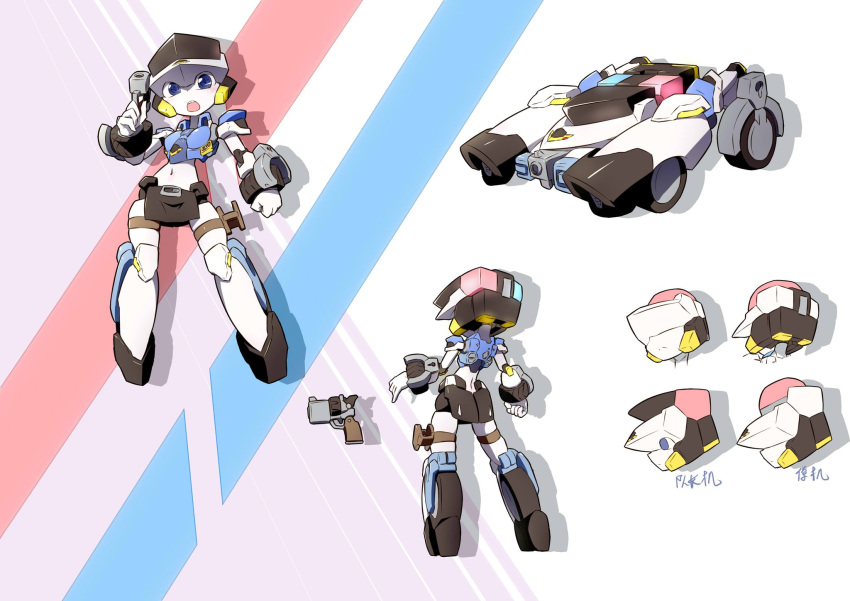 1girl, bingshan, blue_eyes, car, ground_vehicle, gun, highres, holding