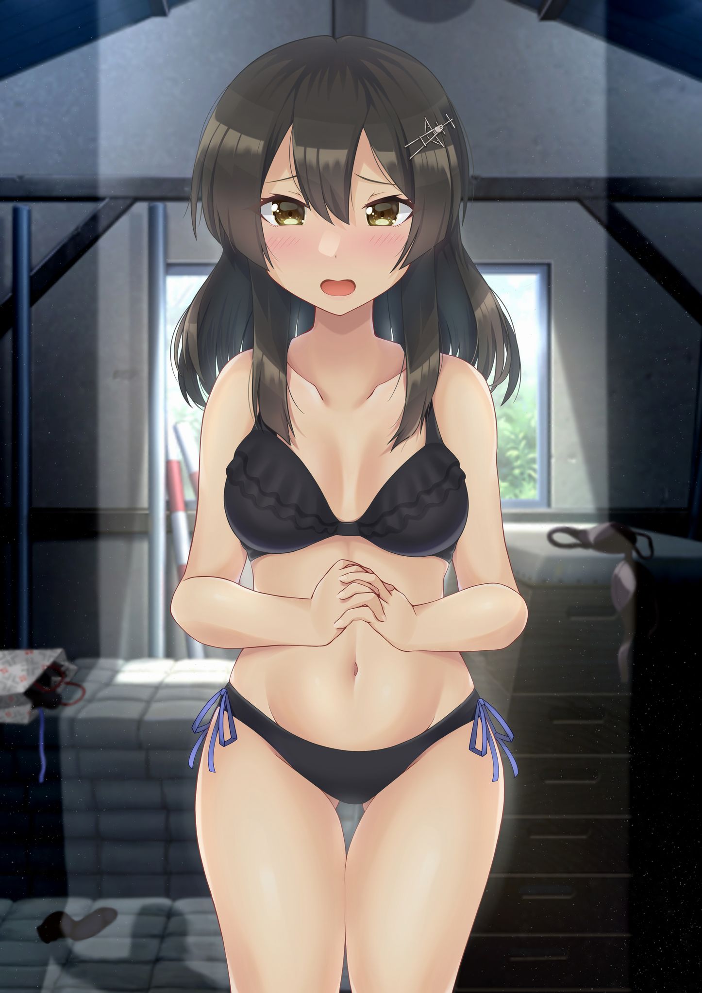 1girl, bikini, black_bikini, black_hair, breasts, frilled_bikini, frills, grey_eyes