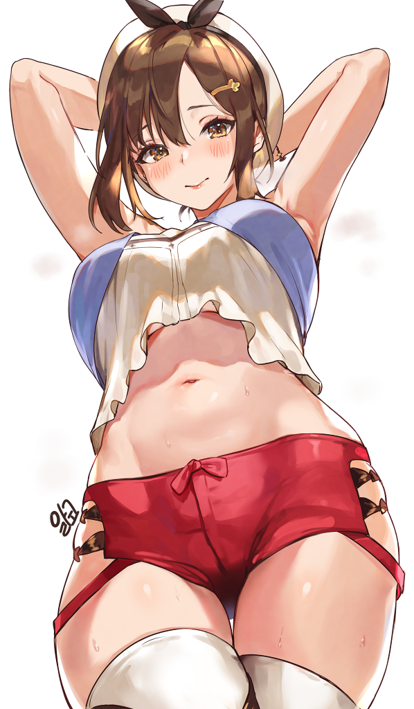 1girl, alracoco, armpits, arms_behind_head, atelier_(series), atelier_ryza, bangs, beret, bow, bracelet, breasts, brown_eyes, brown_hair, hair_bow, hair_ornament, hairclip, hat, jewelry, large_breasts, looking_at_viewer, midriff, navel, red_shorts, reisalin_stout, shirt, shirt_overhang, short_shorts, shorts, sleeveless, sleeveless_shirt, solo, sweat, sweatdrop, thigh-highs, thigh_gap, white_headwear, white_legwear