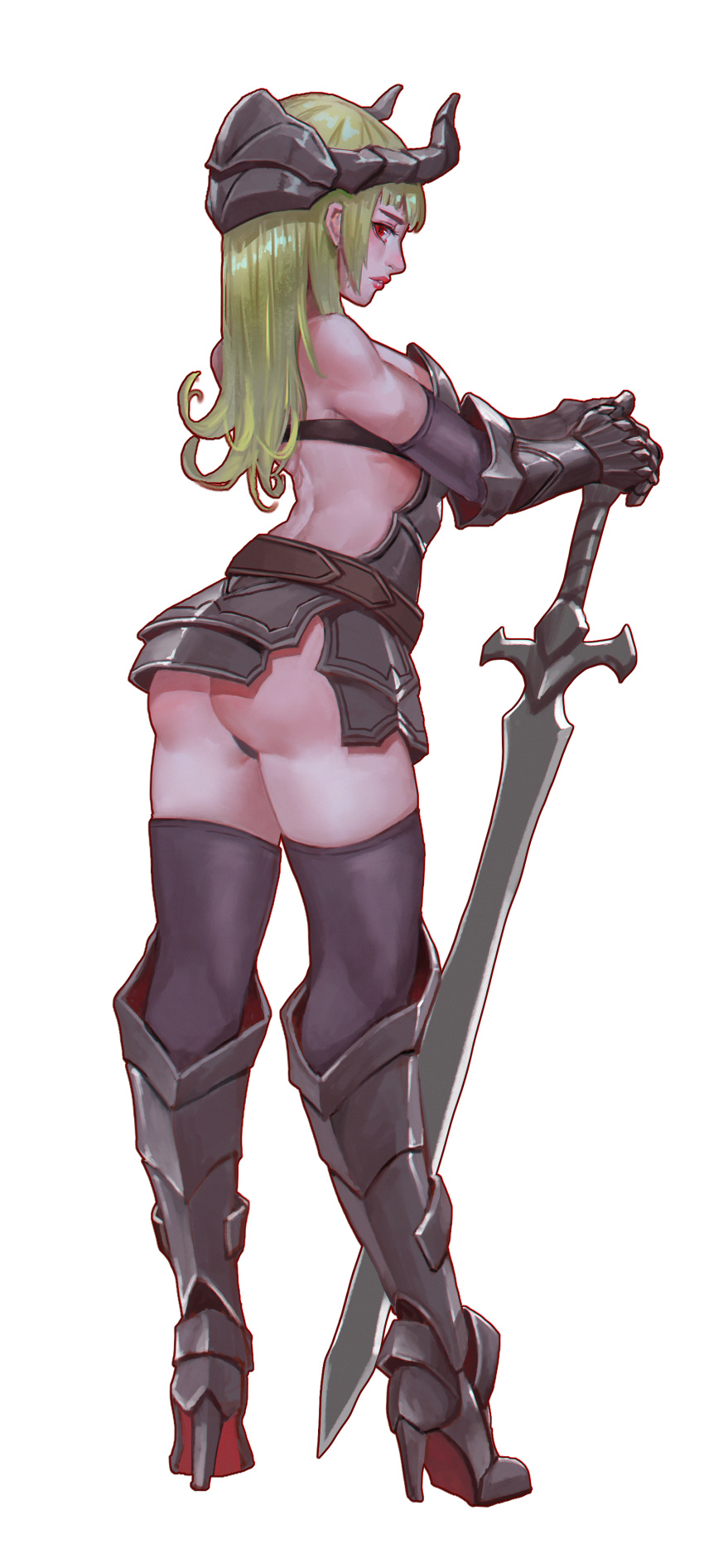 1girl, absurdres, armor, armored_boots, armored_skirt, ass, back, bangs
