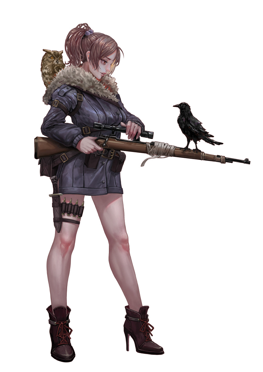 1girl, absurdres, animal, animal_on_shoulder, belt_pouch, bird, bird_on_shoulder, blue_coat