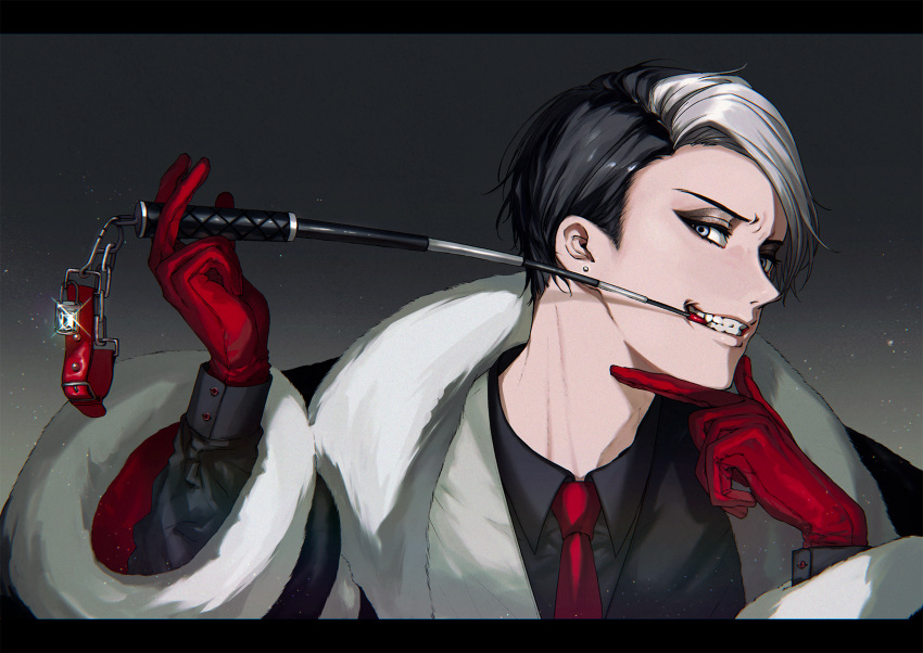 1boy, black_hair, black_shirt, black_vest, collar, collar_removed, commentary_request, divus_crewel