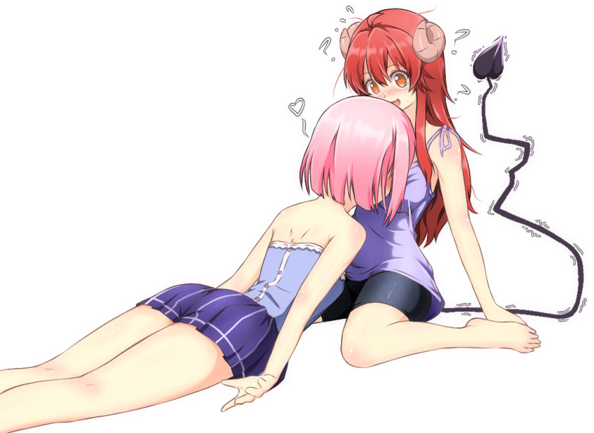 2girls, ahoge, bare_shoulders, bike_shorts, blush, brown_hair, chiyoda_momo, curled_horns