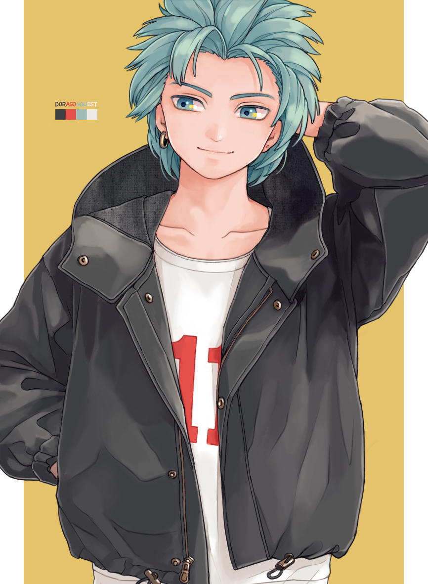 1boy, black_jacket, blue_eyes, blue_hair, camus_(dq11), closed_mouth, clothes_writing, color_guide
