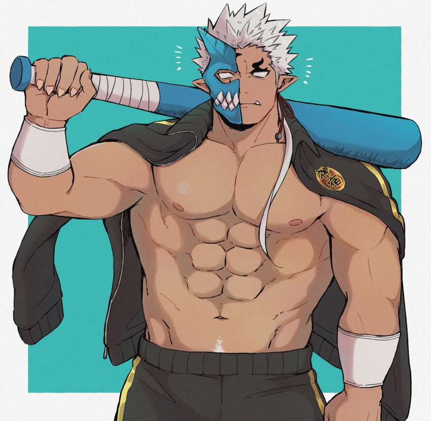 1boy, abs, bara, chest, dark_skin, dark_skinned_male, fang, half_mask