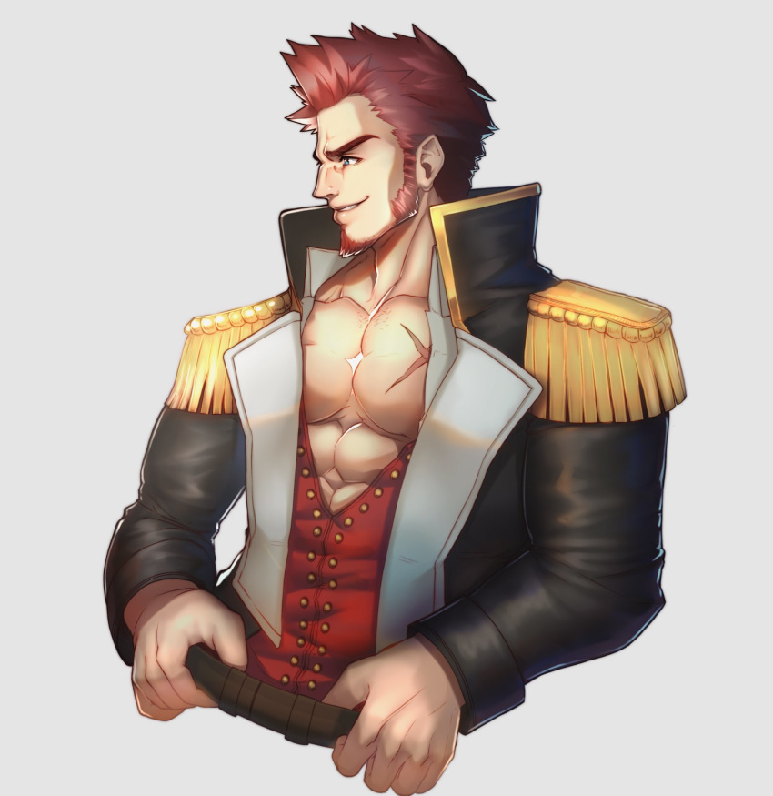 1boy, art_cerealex, bara, blue_eyes, brown_hair, chest, collar, cropped_legs