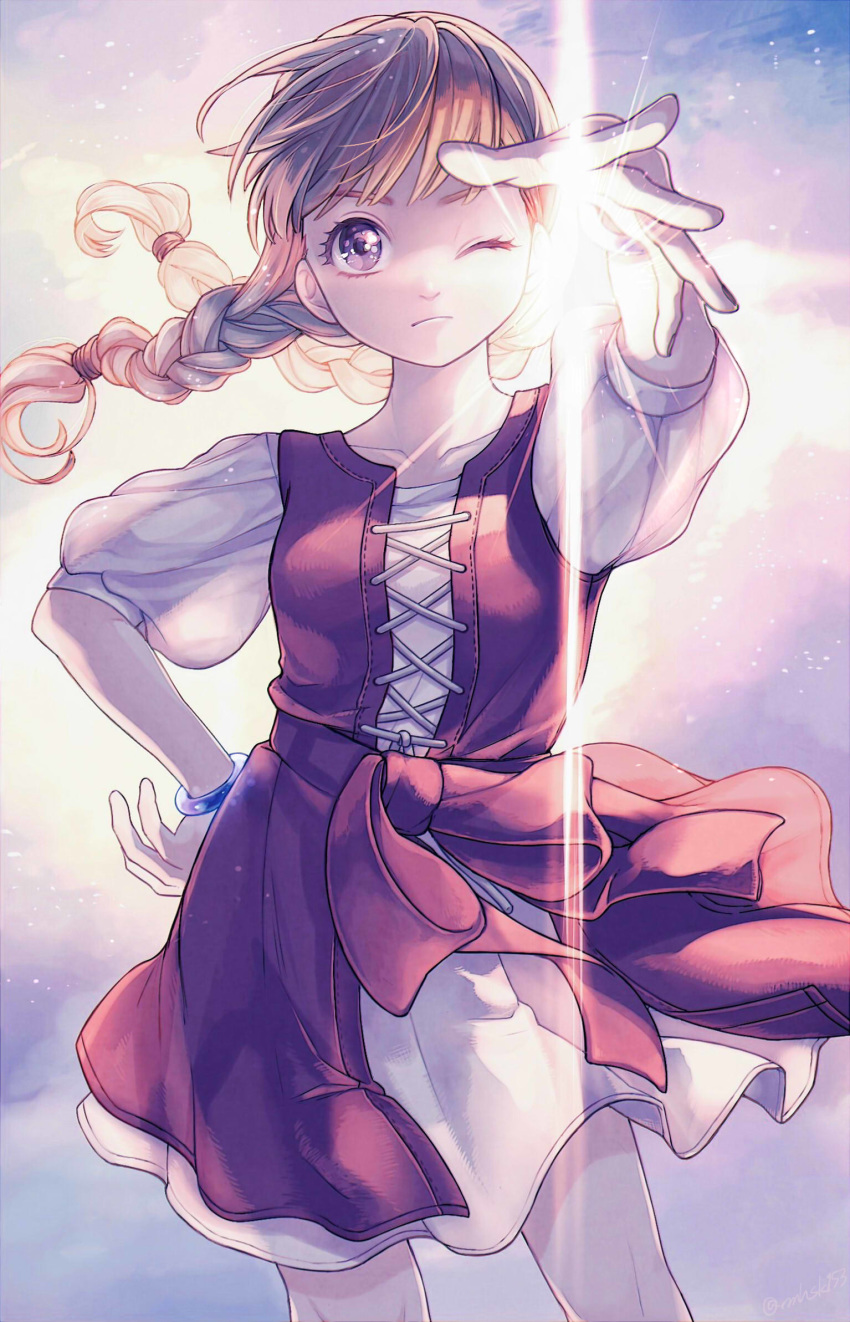 1girl, ;(, bangs, blonde_hair, bow, bracelet, braid, breasts