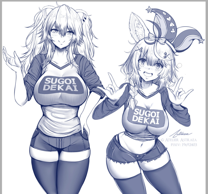 2girls, \m/, animal_ears, artist_name, astraea_(atelierastraea), bangs, blush, border