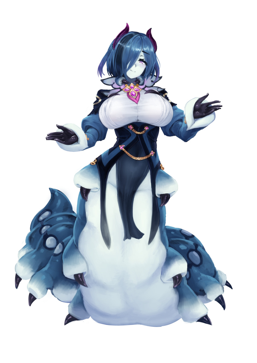 1girl, barbariank, black_gloves, black_hair, blue_hair, blue_skin, blush, breasts, caterpillar_girl, closed_mouth, english_commentary, eyebrows_visible_through_hair, full_body, gloves, hair_over_one_eye, highres, horns, insect_girl, large_breasts, long_sleeves, looking_at_viewer, monster_girl, monster_girl_encyclopedia, multicolored_hair, pale_skin, short_hair, simple_background, solo, standing, streaked_hair, violet_eyes, white_background, wonderworm