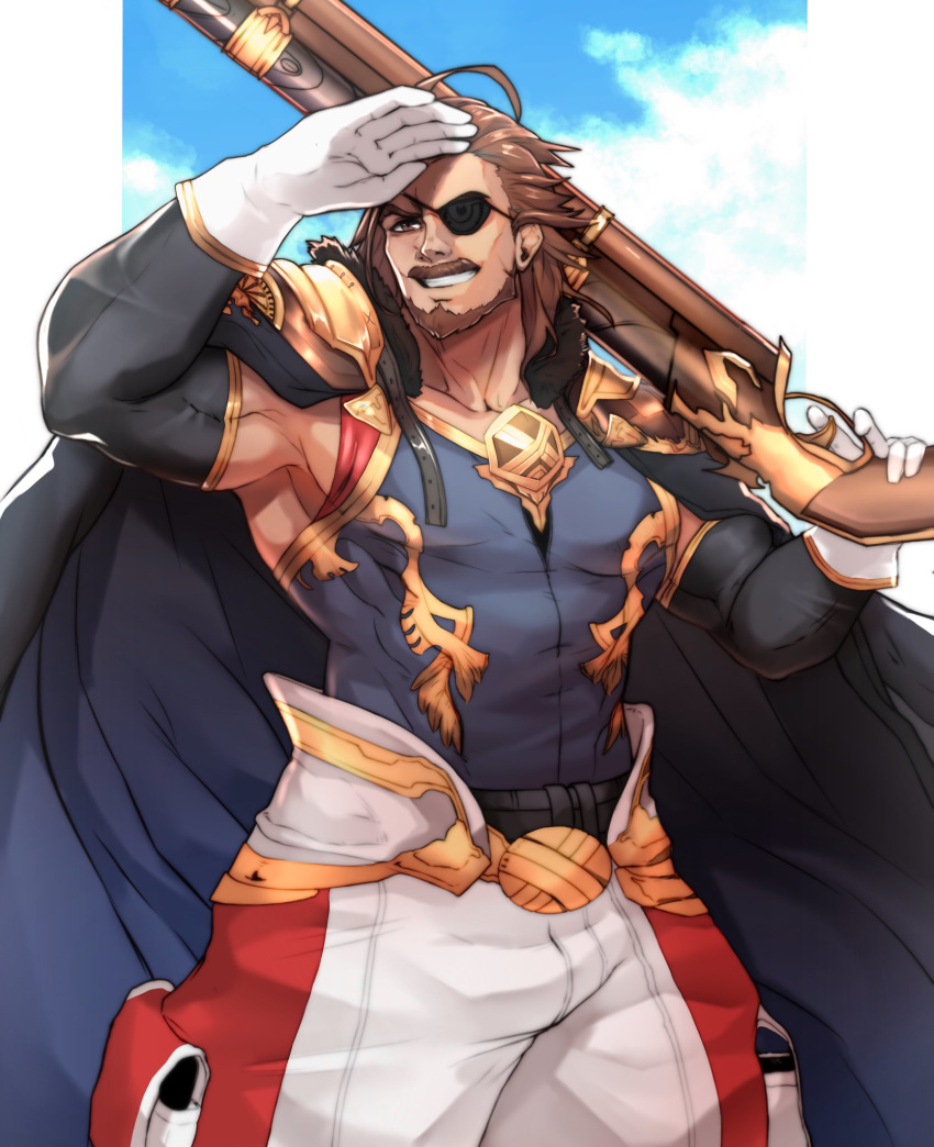 1boy, armor, art_cerealex, baggy_pants, bara, beard, brown_eyes, brown_hair