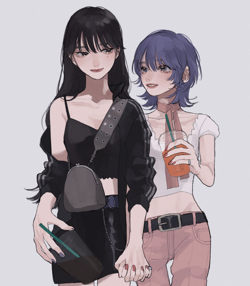 2girls, adidas, bangs, black_eyes, black_hair, blue_hair, drink, highres