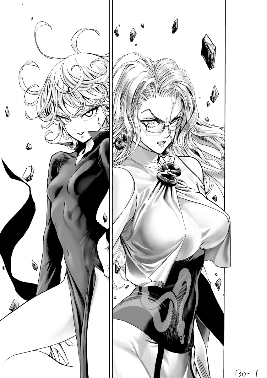 2girls, absurdres, angry, black_dress, breasts, clenched_teeth, commentary, confrontation