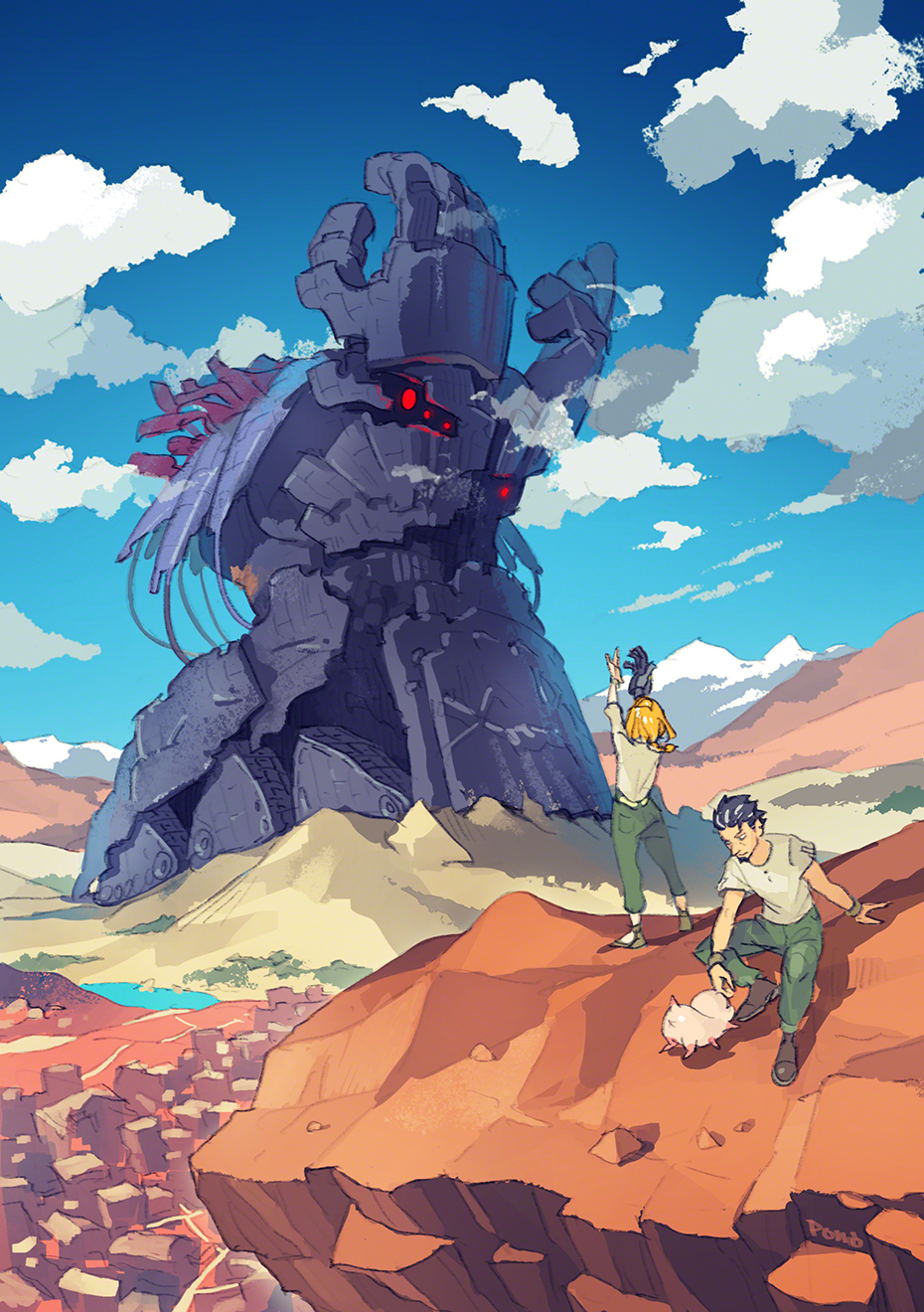 1boy, 1girl, arms_up, black_hair, blonde_hair, city, cliff, clouds