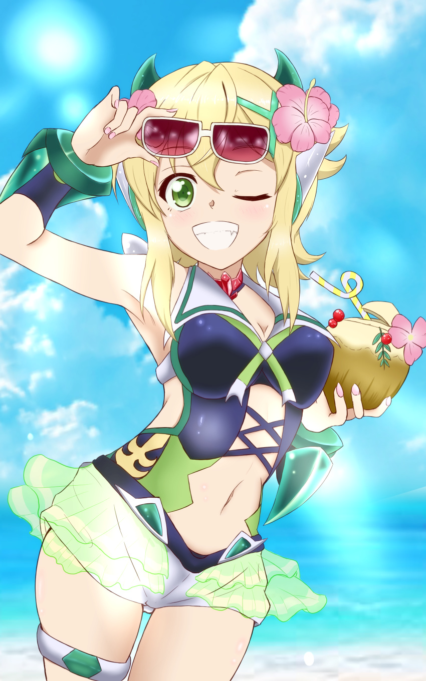 1girl, absurdres, akatsuki_kirika, blonde_hair, blue_sky, breasts, day, eyewear_on_head