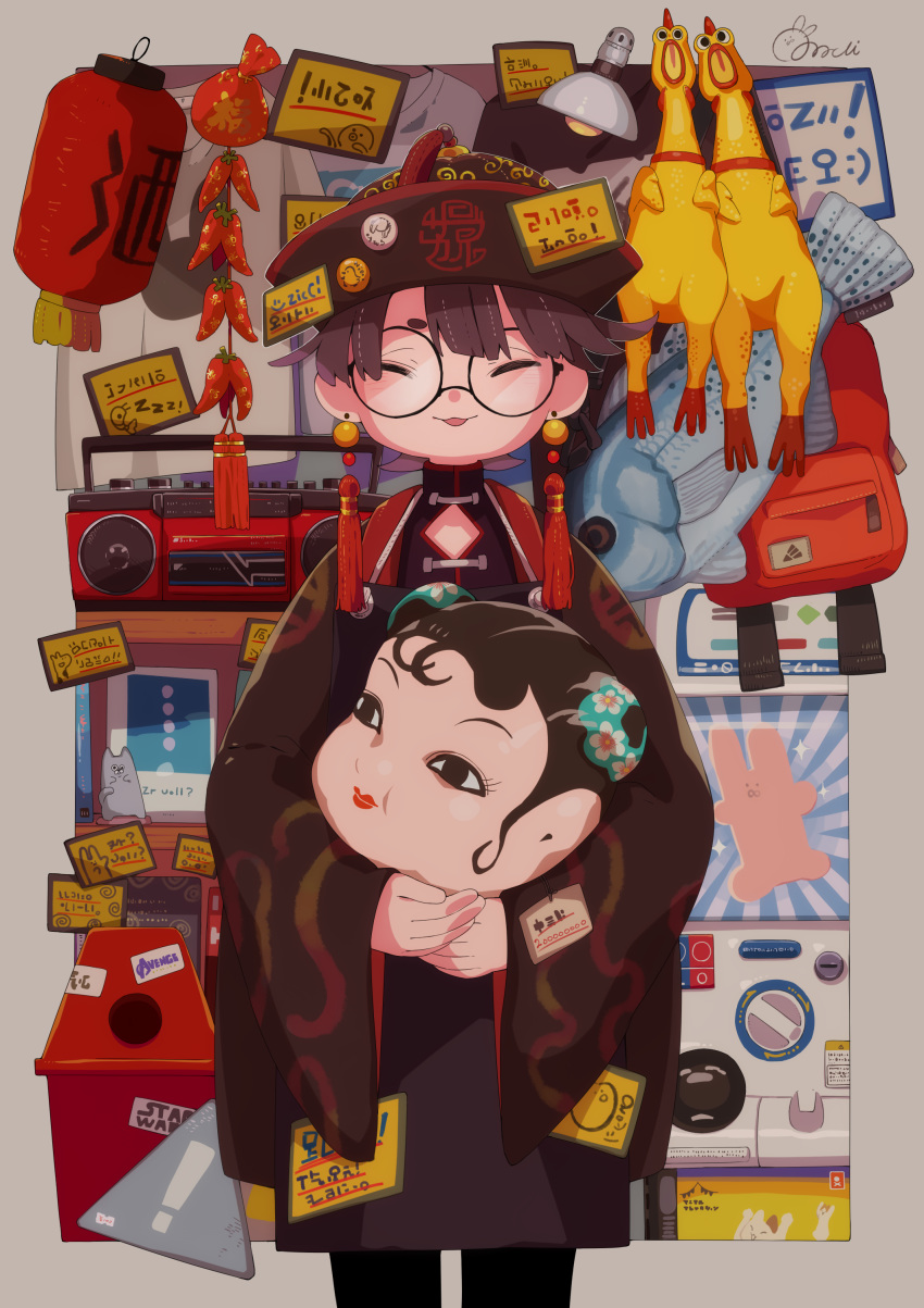 1girl, absurdres, artist_name, badge, boombox, brown_hair, button_badge, chinese_clothes