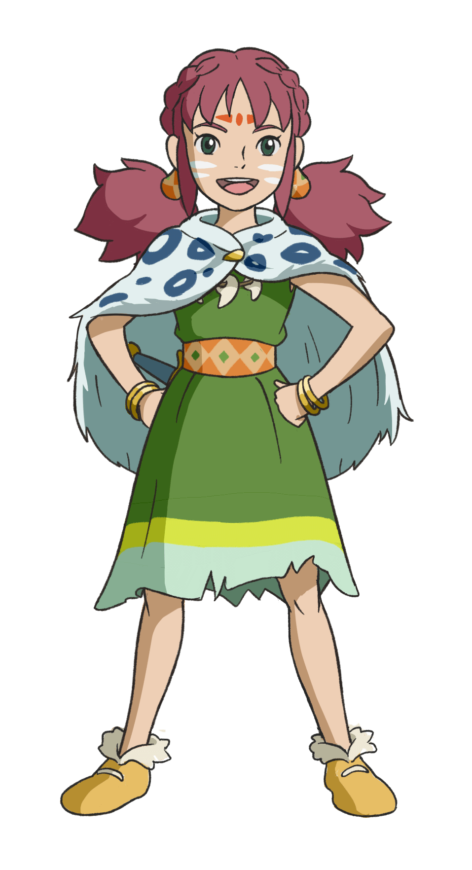 1boy, 1girl, bangs, blue_eyes, boots, bracelet, cape, dress, full_body, green_dress, hands_on_hips, highres, jewelry, long_hair, magatama, magatama_necklace, male_focus, momose_yoshiyuki, necklace, ni_no_kuni_ii, official_art, open_mouth, redhead, shati_(ni_no_kuni_ii), smile, solo, tachi-e, twintails