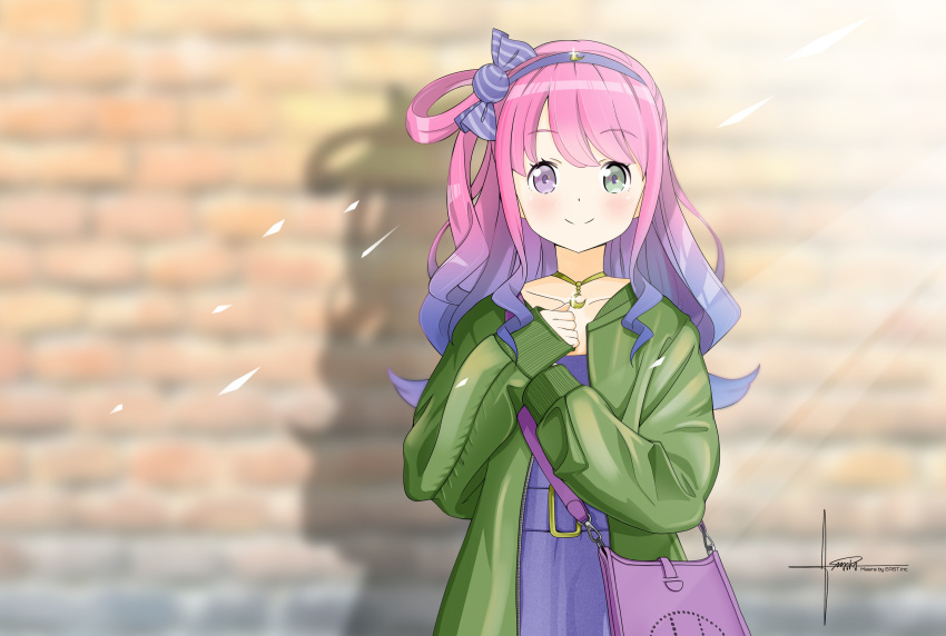 1girl, absurdres, alternate_costume, artist_name, bag, bangs, blurry, blurry_background