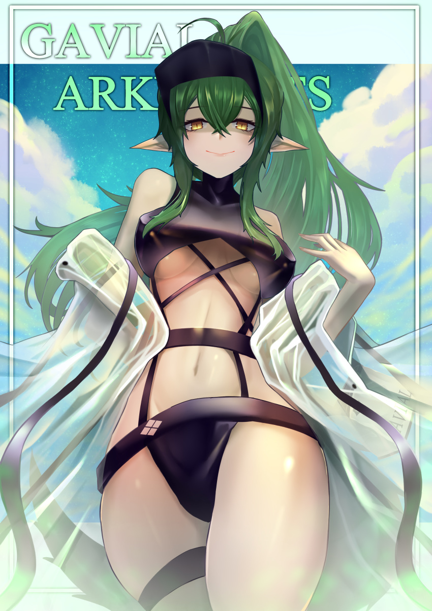 1girl, absurdres, ahoge, alternate_hairstyle, arknights, bangs, bare_shoulders, bielin, breasts, character_name, clouds, commentary, copyright_name, cowboy_shot, crop_top, gavial_(arknights), green_hair, groin, hair_between_eyes, hand_up, highres, long_hair, long_ponytail, looking_at_viewer, medium_breasts, midriff, navel, outdoors, pointy_ears, ponytail, sidelocks, sleeveless, smile, solo, standing, stomach, tail, thigh_strap, thighs, visor_cap, yellow_eyes