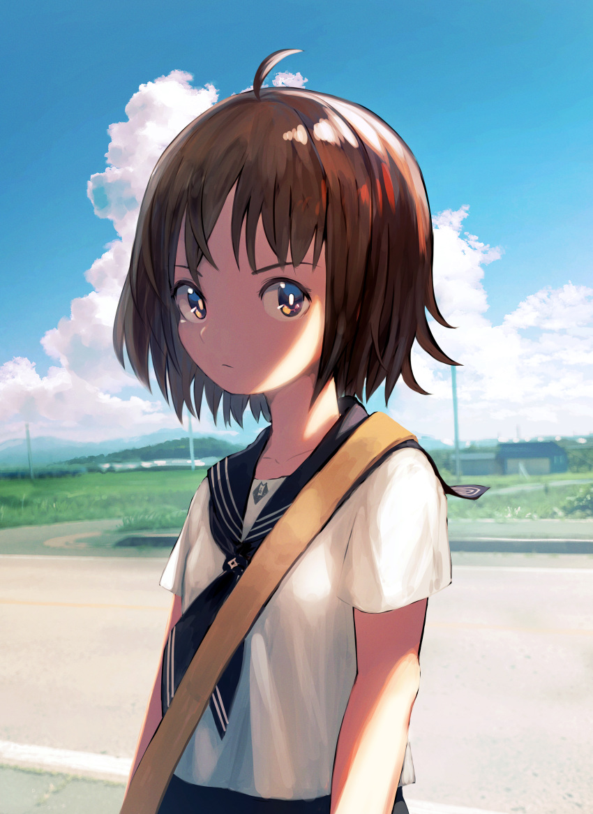 1girl, absurdres, ahoge, brown_eyes, brown_hair, clouds, collarbone, frown, highres, hill, huge_filesize, inami_hatoko, looking_at_viewer, original, outdoors, road, rural, school_uniform, serafuku, shor_hair, sky, solo, street, upper_body